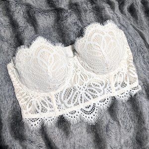 VS Dream Angels Ivory/Cream Eyelash Lace Balconette Longline Strapless Bra 34D
